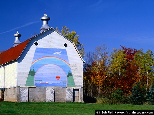 rural;country;agriculture;agricultural;farm buildings;white barn;Bayfield WI;fall;rainbow painting;trees;autumn;cupola;fall color;Wisconsin;mural