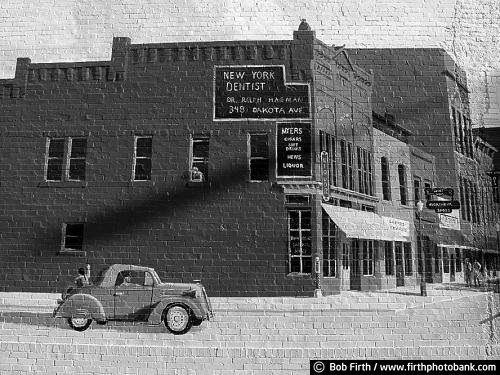 B & W;automobile;Back to the Fifties;Cars and Trucks;black and white;signage;wall art;hand painted wall sign;wall art on brick wall;man cave art;vehicle;vintage car;vintage auto artwork;wall painting of old car;wall painting of town and street scene