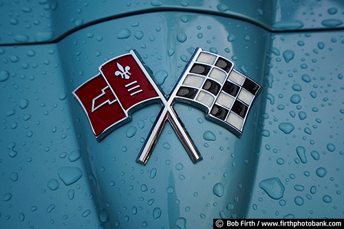 Corvette;1966 Corvette;car emblem;emblems;close up;collectible;collectible cars;detail;details;hot rods;logo;photos of old cars;restoration;fixed up cars;restored cars;vehicles;vintage;antique;old car;classic cars;man cave art;man cave;man cave decor;man cave photos;Sting Ray;water droplets on car;vintage car