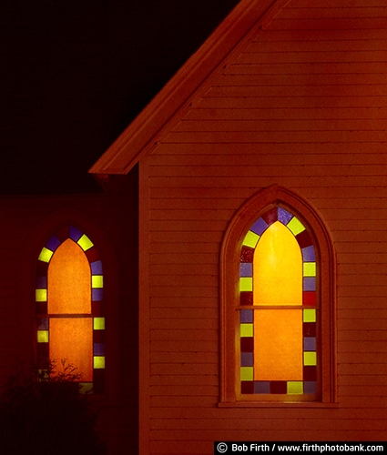 Carver County;country church;defused glass;Minnesota;night;religious;rural church;stained glass;windows