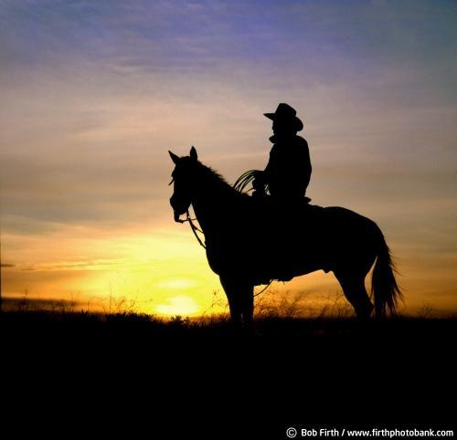 Bob Firth;country;cowboy;horseback riding;horses;man riding horse;photo;silhouette;sunset;western;farm animal;companionship