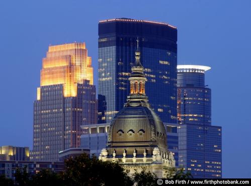 Basilica of St Mary;spire;downtown;IDS Tower;buildings;Minneapolis;Minnesota;night;skyline;twilight;US Bank Building;Wells Fargo Center;Mpls;MN;nighttime;dusk;twilight;city;lights