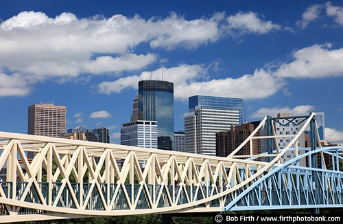 Twin Cities;tourism;skyline;Sculpture Garden;Mpls;MN;Minnesota;Minneapolis;destination;daytime;buildings;blue sky;Art and Entertainment;footbridge