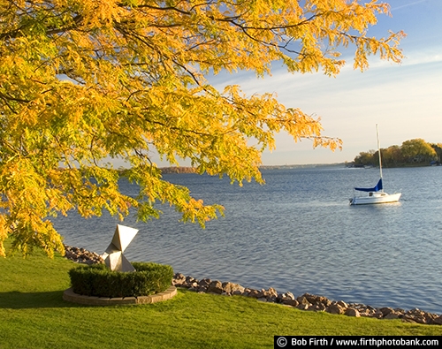water sports;water;Twin Cities lakes;trees;sailboats;sailing;MN;Minnesota;Lake Minnetonka;fall color;Excelsior;destination;sculpture