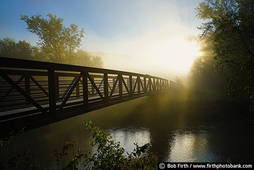 Zumbro River;trees;silhouette;MN;Minnesota;foot bridge;bridge;fog;foggy;morning;sunrise;reflections;reflections in water;path;solitude;inspirational;peaceful;reflection;late summer;trail;tranquility;walkway