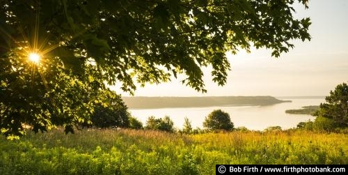 Mississippi River;destination;Great River Road;Mighty Mississippi;MN;Minnesota;peaceful;quiet water;relaxing;upper Mississippi River;bluff country;bluffs;Frontenac State Park MN;Minnesota State Park;morning;river bluffs;summer;sunburst;sunrise;vista;trees;panoramic;sun