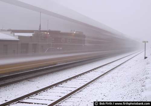 snowstorm;snow;Wisconsin;transportation;train;railroad tracks;motion;Mississippi River town;Fountain City WI