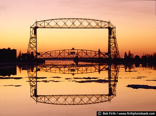 Aerial Lift Bridge;Duluth;MN;tourism;sunrise;silhouettes;Lake Superior;Kitchi Gammi;North Shore bridges;biggest fresh water lake;calm water;colorful;destination;Great Lakes;largest freshwater lake;northern Minnesota;moody;reflections