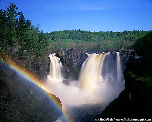 High Falls;Canada;blue sky;destination;Minnesota;MN;North Shore waterfalls;northern Minnesota;rainbows;powerful;rocks;summer;tourism;inspirational;Grand Portage State Park;Pigeon River