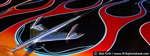abstract;automobile;Back to the Fifties;car emblem;hood ornament;car hood;classic cars;close up;collectible cars;Collector Car;custom paint jobs;colorful paint jobs;detail;man cave art;vehicle;artwork detail on car;artwork on old car;vintage auto artwork;panoramic photo