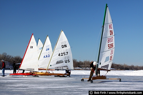 fun pastime;event;competition;ice boating;ice boats;Lake Phalen;Minnesota;race;sails;St Paul Winter Carnival;winter sport;frozen lake;ice sailing;MN;outdoors;outside;recreation