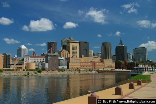 St. Paul;skyline;Riverboat;Mississippi River;summer;Radisson;First Bank;blue sky;river boat;historic;Harriet Island;MN;Minnesota;Twin Cities