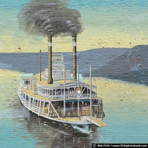 bluffs;brick wall;Mississippi River;Mighty Mississippi;Minnesota;MN;mural;painting;riverboat;scenic;sign;steamboat;wall mural;WI;Wisconsin;hills;Americana;nostalgic;wall sign;wall art;transportation;tourism;signage;paddlewheel boat;hand painted;La Crosse WI