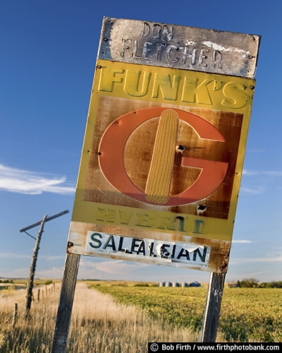 signs;signage;SD;South Dakota;rusty;rusting;rural;produce;metal;Funks;country;agricultural;advertising;corn;reuse;repurpose