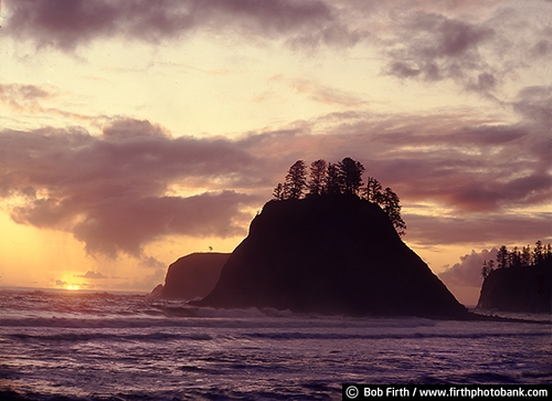 Washington;island;islands;sea stacks;inspirational;ocean;Pacific Coast;Pacific Ocean;peaceful;silhouette;solitude;sunset;sun;trees;WA;dramatic sky;clouds;Pacific Northwest
