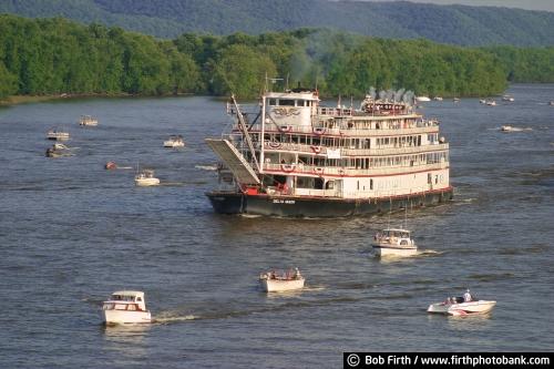 Wisconsin;summer;Mississippi River;historic;Delta Queen;boat;boats;bluffs;blue sky;paddle wheel;Grand Excursion;historic;WI riverboat;steamboat;Great River Road