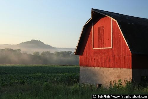 Wisconsin;backroads;barn;bluffs;country;crops;farm;farm scene;foggy;red barn;summer;morning;sunrise;agricultural scene;hazy;rural;WI