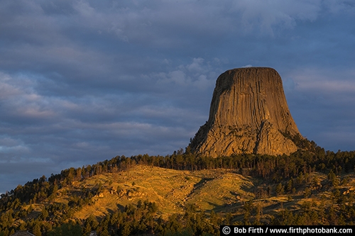 Devil's Tower;geological landmark;National Monument;rock formation;sacred;volcano core;Wyoming;Black Hills;destination;prairie;tourism;WY;rock;rocks;rock landscape;sunrise;trees;Devils Tower;northeastern Wyoming;Crook County;Bear Lodge Mountains;Devils Tower National Monument;laccolithic butte;near Hulett and Sundance;rolling prairie