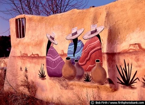 women;wall sign;wall art;Southwest;people;painting;mural;hand painted;American Indian;New Mexico;Adobe