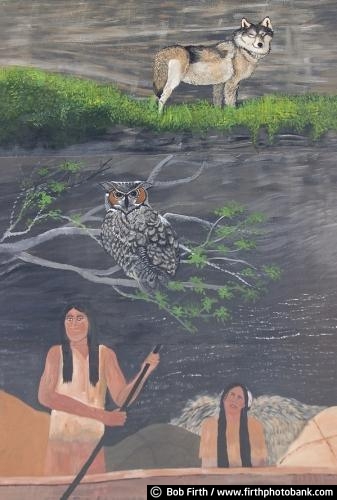 American Indian;canoe;hand painted signs;mural;owl;painting;people;raptor;transportation;wall art;wall sign;wildlife;wolf;woman;women